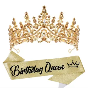 Detailed view of luxury gold rhinestone tiara and Birthday Queen glitter sash set