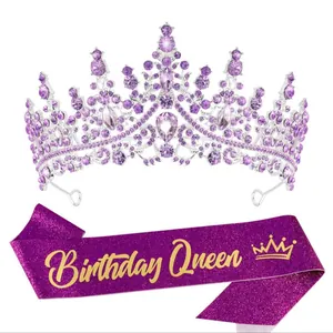 Purple rhinestone crown and Birthday Queen sash set for birthday party decorations