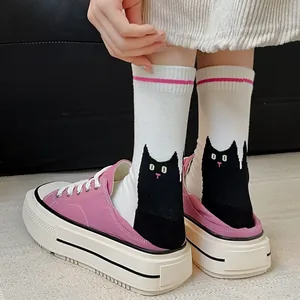 Chaussettes mi-mollet blanches avec illustration chat noir et rayure rose mignonne