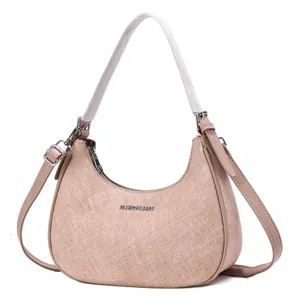 Casual beige geweven hobo schoudertas met verstelbare riem en handvat detail design