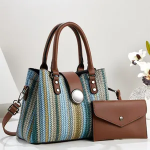 Stylish two-piece tote bag set featuring striped woven texture and matching brown leather pouch