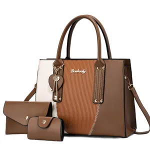 Stijlvolle driedelige bruine color-block handtassenset met een minimalistische tas en portemonnee
