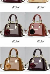 Varie opzioni di colore per la borsa a mano lucida con ciondolo a fiore decorativo