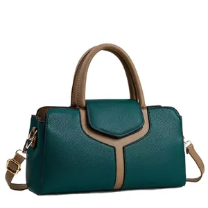 Sac à main élégant en cuir patchwork vert et beige avec poignée et bandoulière