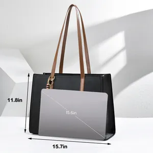 Large Capacity Women Laptop Tote Bag Simple Daily PU Leather Pebble Grain Shoulder Bag With Bear Pendant Computer Bag For Women