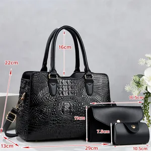 Detail of 3-piece black crocodile pattern bag set with precise size dimensions
