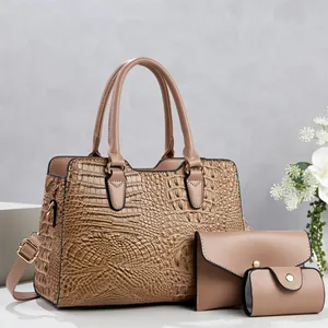 Premium 3-piece handbag set featuring crocodile pattern in taupe, elegant detail view