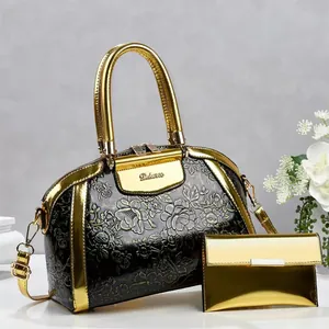 Damen Mode 2-Teiliges Shopper-Taschen-Set Floral Geprägte Lackleder-Handtasche Mit Passendem Portemonnaie Schultertasche Täglich