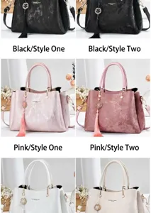 Comparison of elegant women's handbags in black and pink with diverse textures
