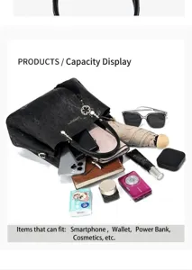 Black textured handbag capacity display with phone, cosmetics, and accessories.