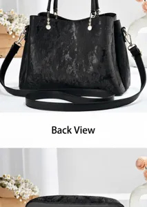 Back view and detailed texture of the black elegant women's handbag with charms