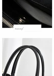 Close-up detail of black leather handbag featuring hardware magnetic buckle and sturdy handles.