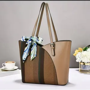 Elegant color-block tote bag with decorative silk scarf for daily fashion and office use