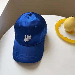 Royal blue satin-like baseball cap with cute white cat embroidery and large brim