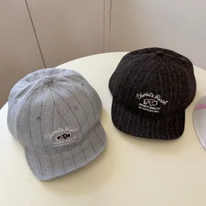 Japanese style retro embroidered flat brim baseball caps in grey and brown pinstripe fabric