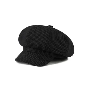 Retro black and white grid newsboy cap for women stylish painter hat with rounded top