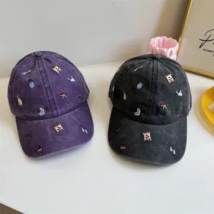 Vintage washed cotton baseball cap with mini embroidery patterns for men and women