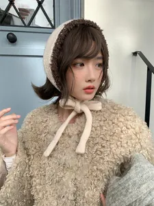Sweet Korean style plush knitted tie earmuffs bonnet for women's winter warmth