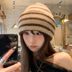 Retro striped knit beanie for women, thick warm winter hat in street fashion style