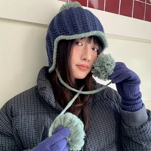 Women Korean Style Color Block Knitted Ear Flap Hat Winter Warm Pompom Beanie Lei Feng Cap Outdoor Windproof Thick Knit Hat