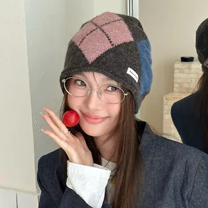 Vintage argyle pattern knitted beanie hat for women in stylish autumn and winter colors