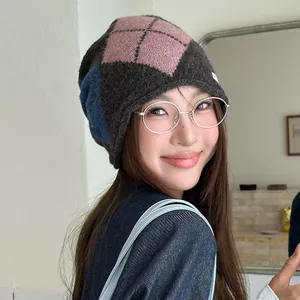 Vintage argyle patchwork knit beanie for women winter warm slouchy hat