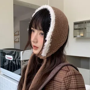 Cozy Korean style brown knitted ear warmer bonnet with white plush trim for winter