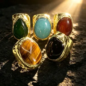 Vintage Legierung Gold Offen Verstellbar Breitbandring Natürlicher Amazonit Roter Achat Tigerauge Stein Geometrischer Gehämmerter Schmuck Damen Herren