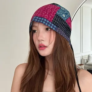 Vintage colorful patchwork bandanna headscarf beanie for women as shown on an Asian model