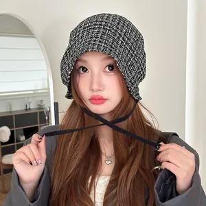 Retro Korean style black and white plaid beanie hat with straps for fashion women