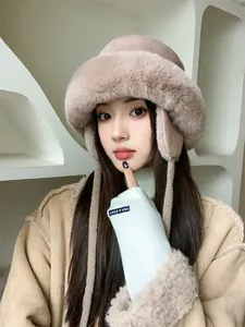 Close-up of a stylish and warm plush cloche bucket hat with protective ear flaps