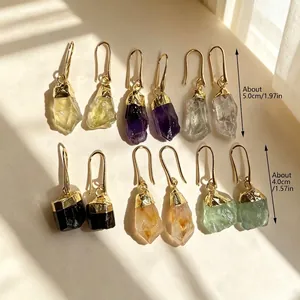 Detailed view of assorted natural raw gemstone hook earrings with size measurements