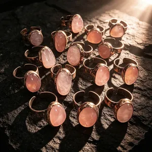 Macro view of multiple vintage rose quartz rings with adjustable bronze bands on dark stone