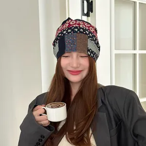 Vintage colorful patchwork slouchy beanie hat for women, boho bandana style beanie