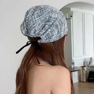 Vintage blue and white plaid slouchy beanie hat with black ribbon tie back for women