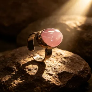 Close-up of polished natural pink quartz stone on vintage bronze adjustable open ring