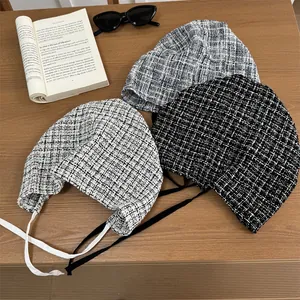 Vintage Korean style plaid lace-up beanie for women, trendy autumn headscarf hat accessory