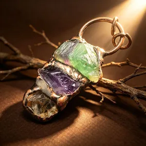 Macro view of a vintage pendant featuring raw amethyst, fluorite, and citrine in copper.