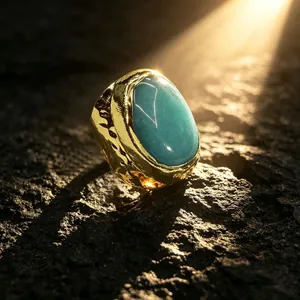 Nahaufnahme eines klobigen Goldrings mit einem großen ovalen Amazonit-Stein unter Sonnenlicht