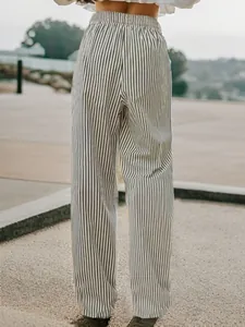 Back view detail of high-waisted vertical striped casual straight-leg pants for women