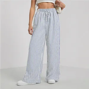 Blue and white vertical striped wide-leg trousers for women with elastic drawstring waist