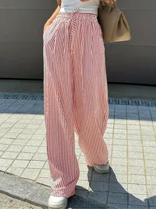 Women's red and white vertical striped casual trousers with elastic waist and drawstring.