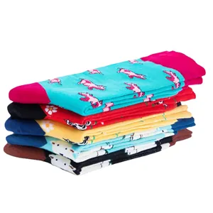 Stack of colorful cotton crew socks with cute cartoon farm animal patterns and flowers