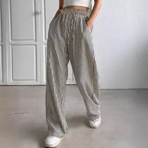 Women Vertical Striped Casual Straight Leg Pants Polyester Spandex Elastic Low Waist Drawstring Trousers For Spring Summer