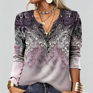 Elegant retro ethnic paisley print V-neck long sleeve casual top for women in grey