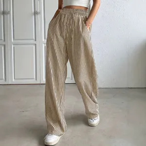 Women's brown and white vertical striped high-waisted straight-leg casual trousers