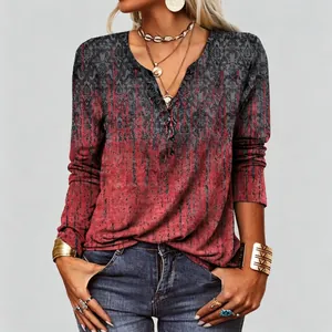 Elegant vintage ethnic print V-neck long sleeve top for women featuring front button detail