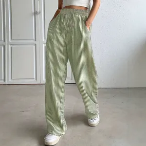 Women's green and white vertical striped casual high-waisted wide-leg pants with drawstring