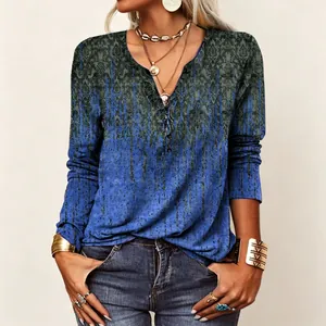 Detail view showcasing the intricate ethnic print and V-neckline of this casual top