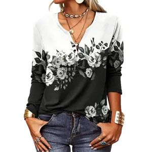 Women's V-neck long sleeve floral print casual blouse with buttons on white background